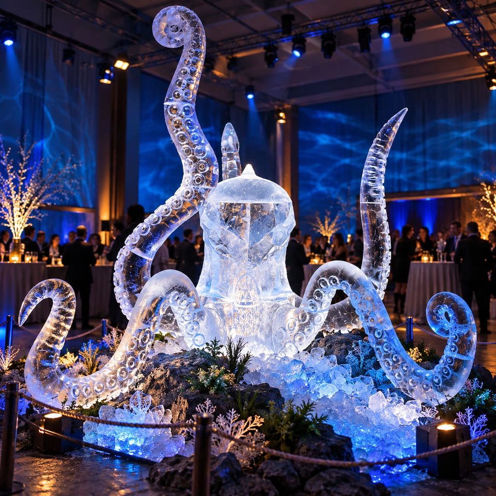 Experiencia de escultura en hielo para empresas con pieza personalizada y participación del público durante la producción.