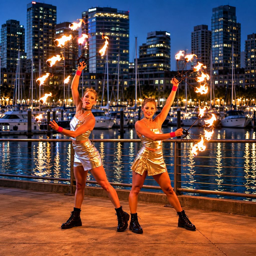 Performance de fuego para recepciones y activaciones de marca con movimiento, energía y recursos escénicos.