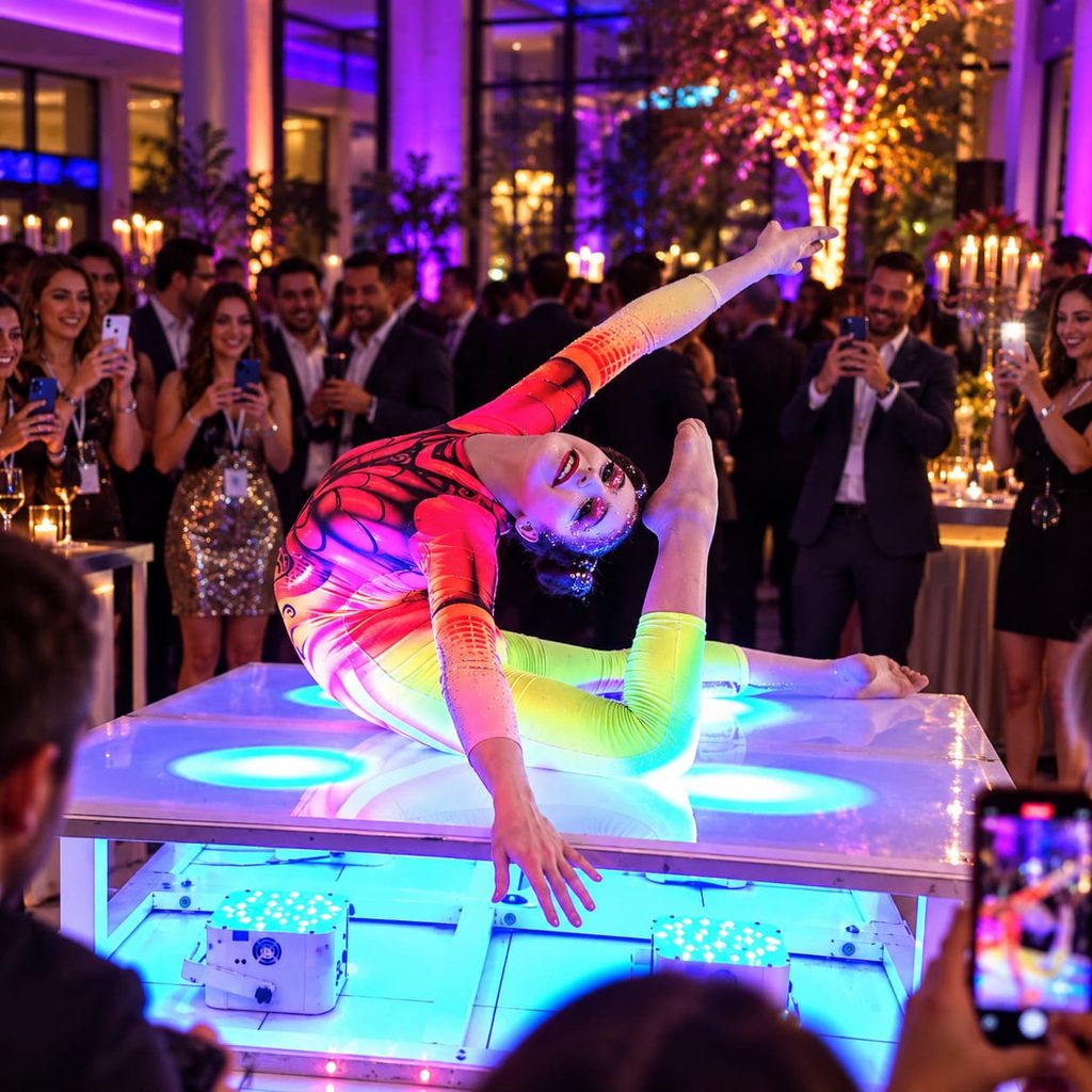 Talento acrobático para eventos empresariales y activaciones, integrado a una propuesta artística personalizada.