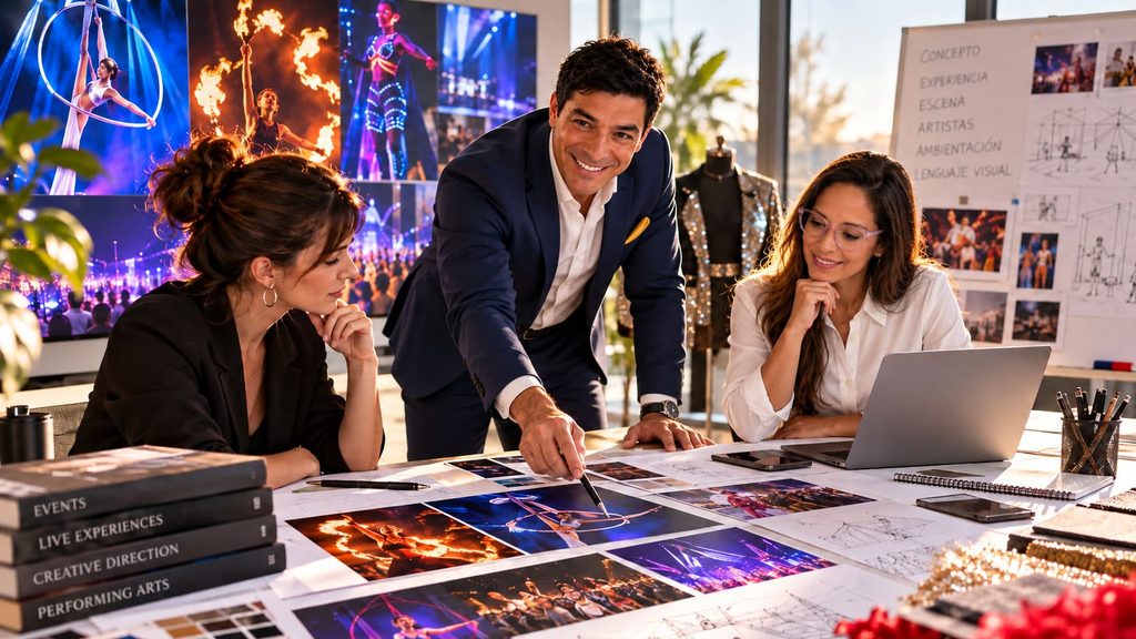 Equipo de HyC Experiencias trabajando en dirección creativa y concepto artístico para una producción de eventos, definiendo estética, lenguaje visual y puesta en escena para empresas y marcas.