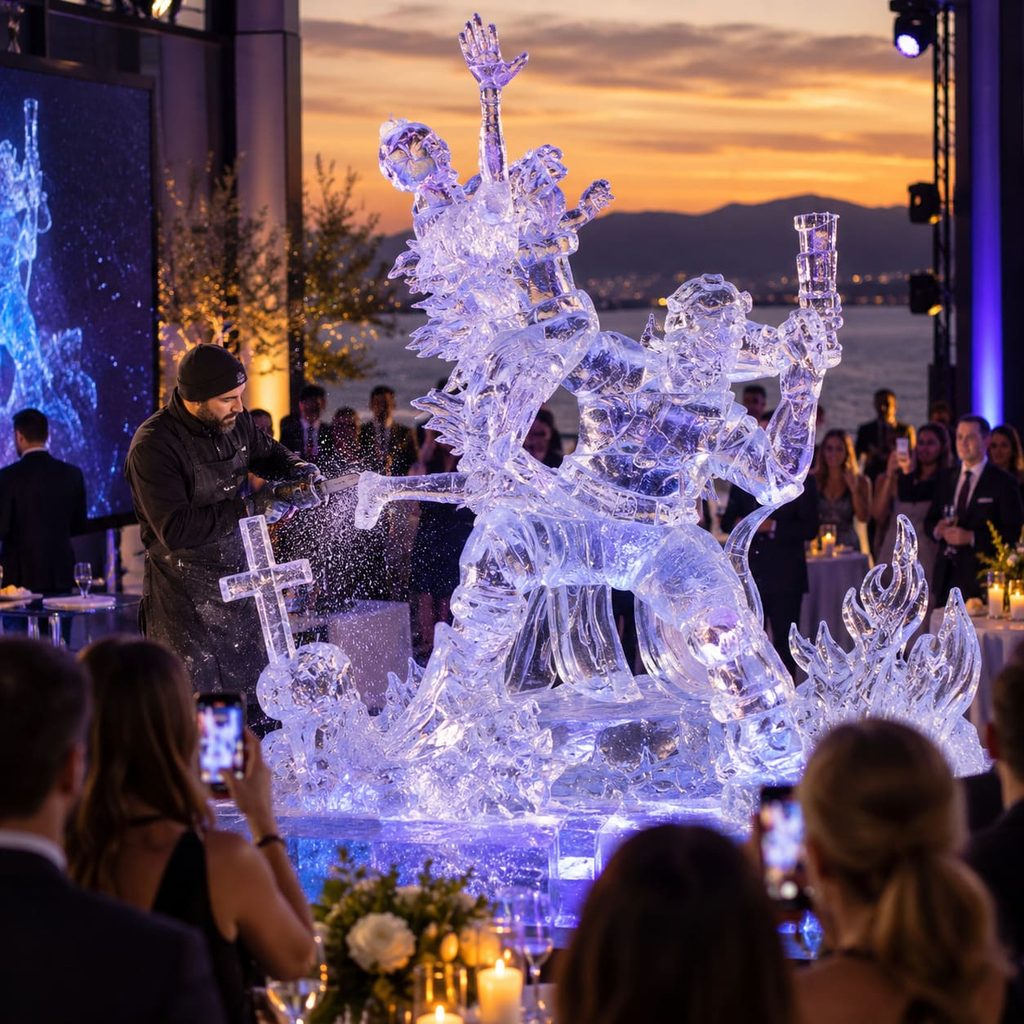 Intervención artística en hielo para eventos premium con escultor realizando una obra en vivo frente a los asistentes.