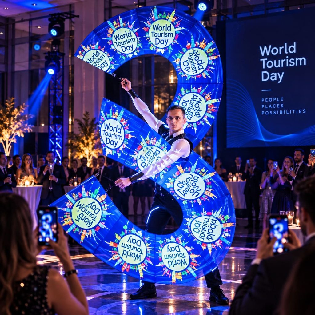 Intervención artística con tecnología LED para lanzamientos y celebraciones empresariales con propuesta escénica personalizada.