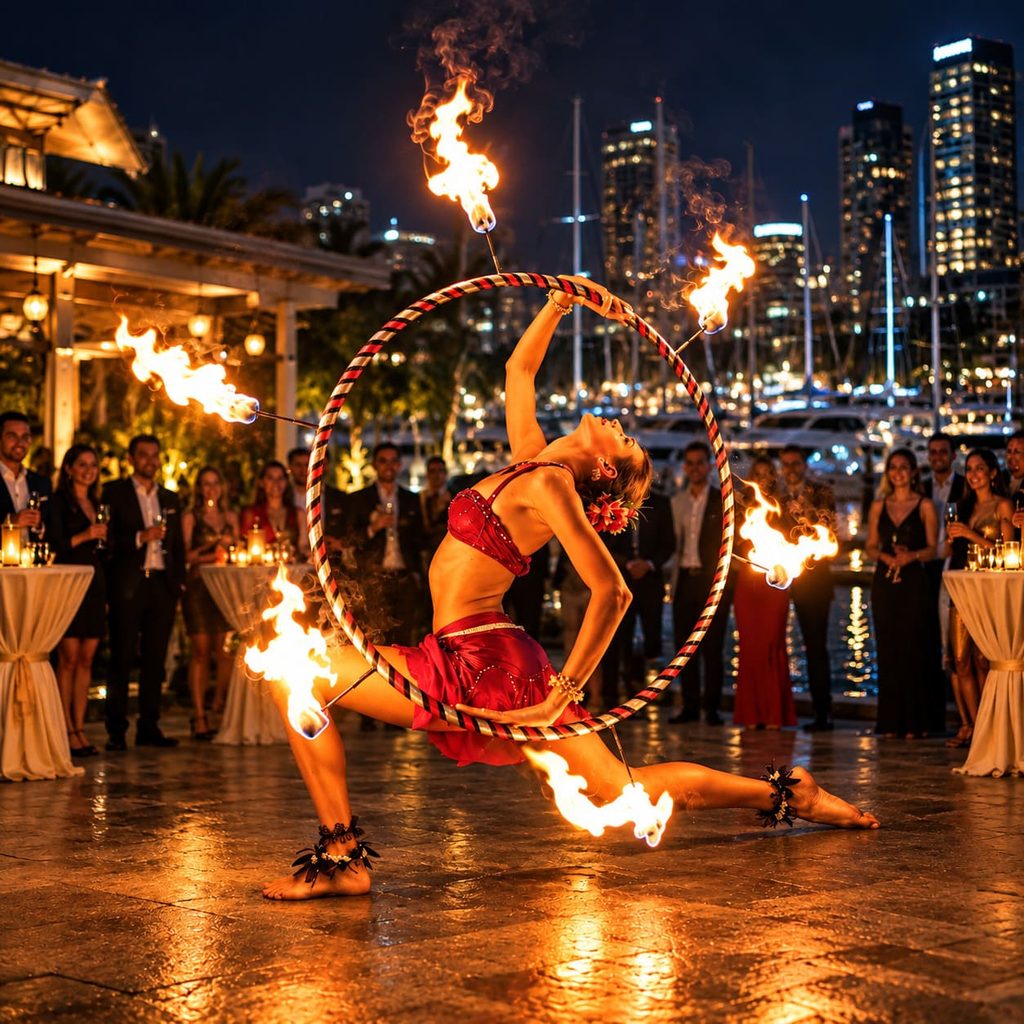 Espectáculo de fuego para fiestas de fin de año y eventos empresariales con artista profesional frente al público.