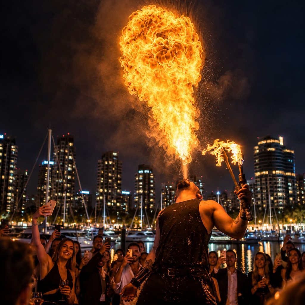 Intervención artística con fuego para eventos especiales con puesta visual diseñada según el espacio y la audiencia.