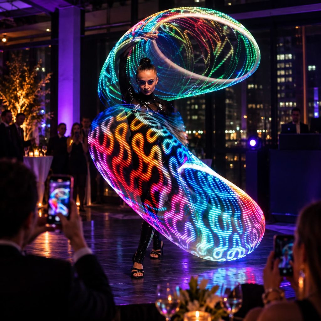 Espectáculo lumínico para empresas y marcas con performers LED y recursos visuales de alto impacto.