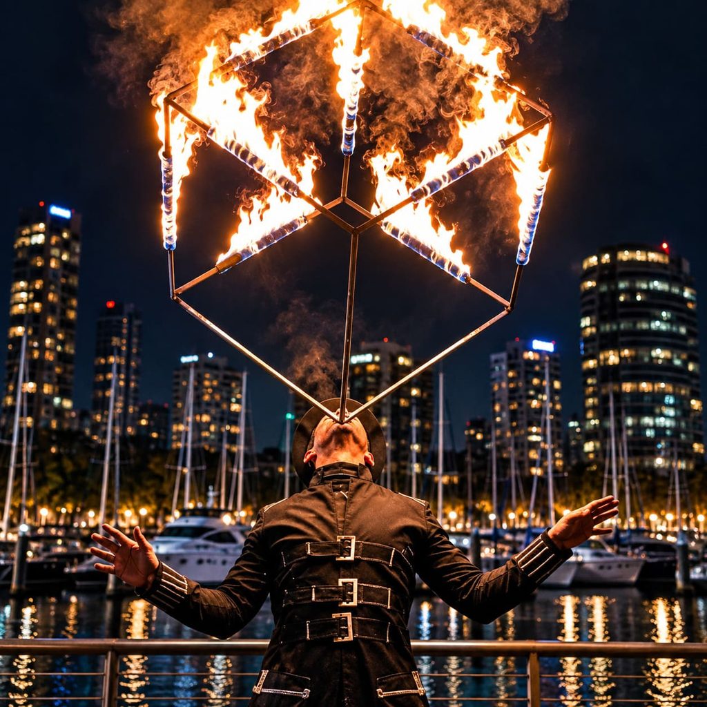 Experiencia escénica con malabares de fuego para producciones corporativas y eventos premium con artista en acción frente a los invitados.