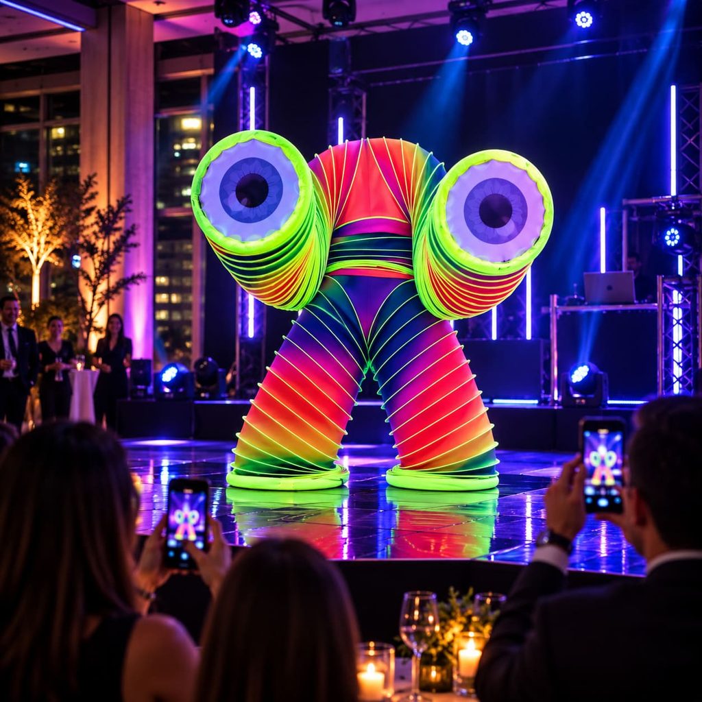 Experiencia de luz y movimiento para activaciones y eventos corporativos con vestuario LED y puesta visual contemporánea.