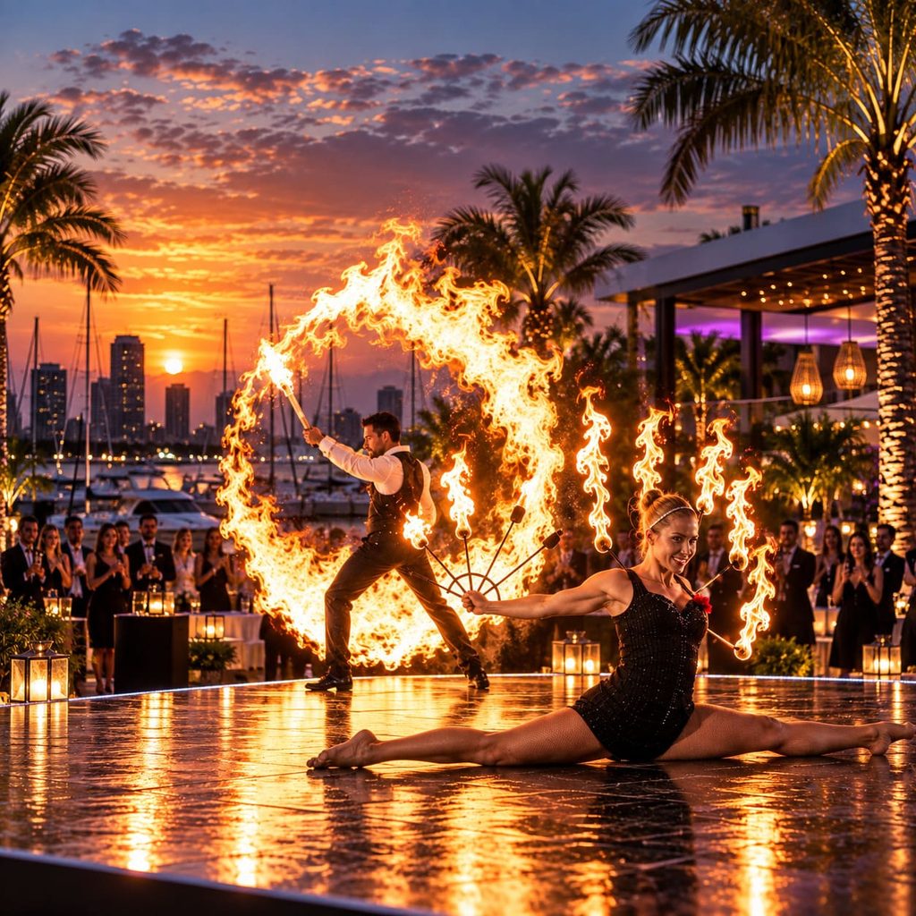 Show de fuego para eventos corporativos con performer y puesta escénica nocturna de alto impacto.