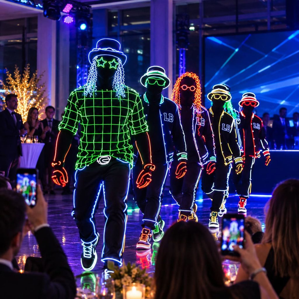Show LED para eventos corporativos con artistas lumínicos, tecnología y movimiento integrados a la puesta en escena.