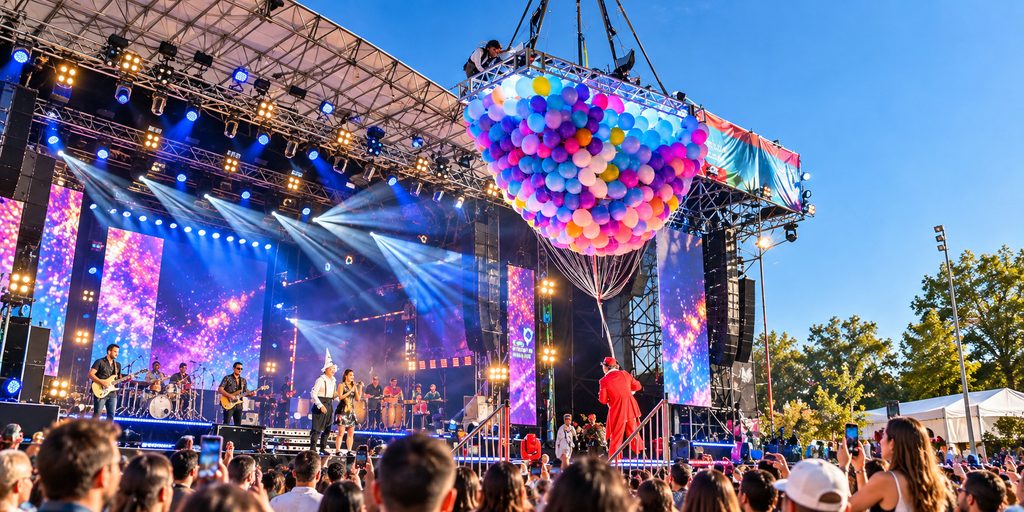 concierto festivalero con globos multicolor