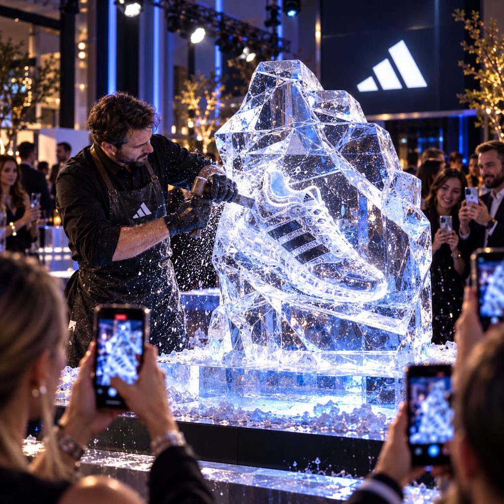 Show de escultura en hielo en vivo para eventos corporativos con artista trabajando frente a los invitados.