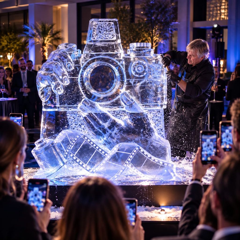 Arte efímero en hielo para activaciones de marca y lanzamientos con creación artística realizada durante el evento.